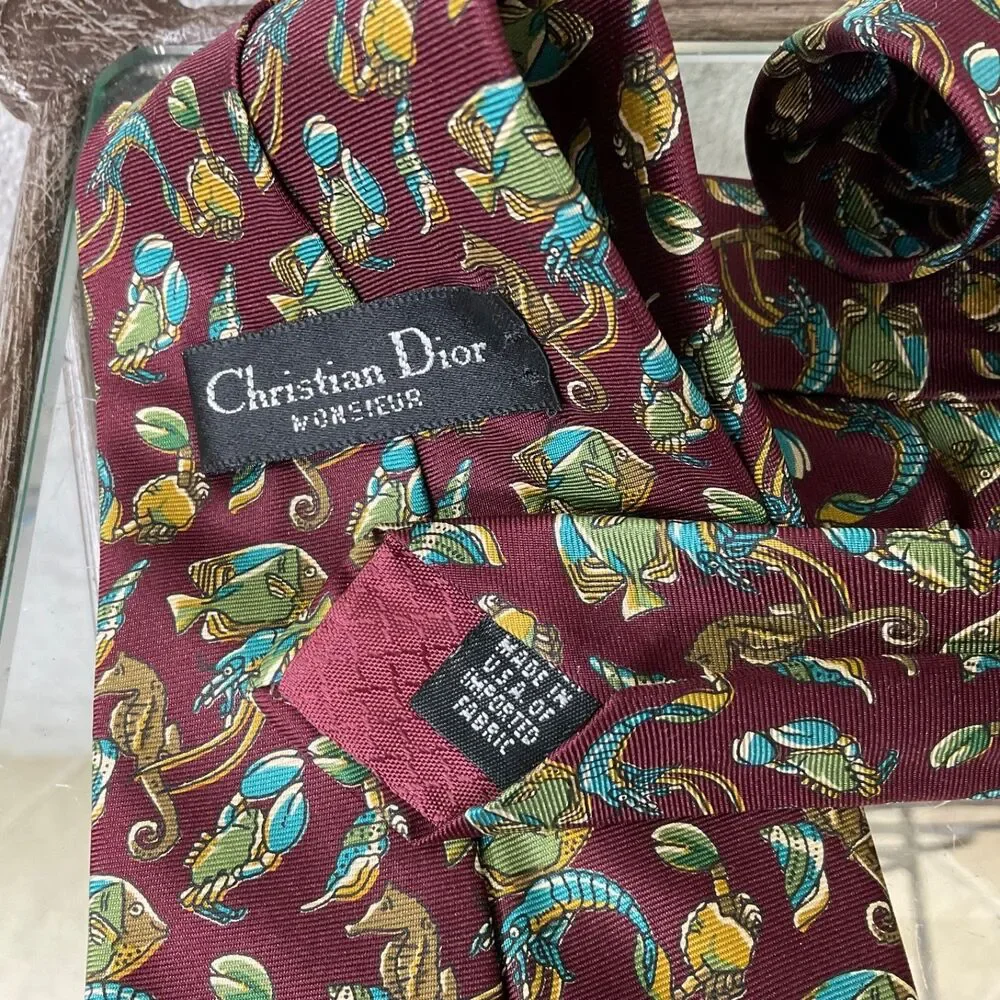 VTG Christian Dior Monsieur 100% Silk Tie Rare Novelty ocean Print USA 59”